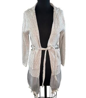 Mellow Gray Long Sleeve Organic Cotton Fringe Hem Tie Waist Cardigan Sweater M